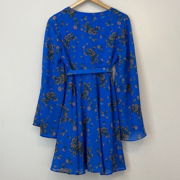 Free People Lilou Printed Mini Dress Fairy Boho Bell Sleeve Cobalt Blue Small - Picture 6 of 12